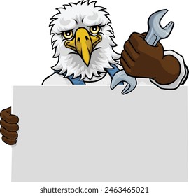 An eagle handyman, mechanic, plumber or other construction cartoon mascot man holding a wrench or spanner tool.