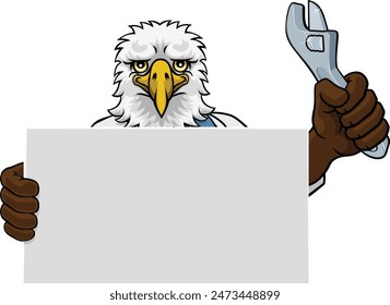 An eagle handyman, mechanic, plumber or other construction cartoon mascot man holding a wrench or spanner tool.