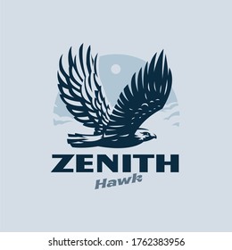 An eagle or hawk, a bird of prey, flies spreading its wings. Against the background of clouds, sky and sun. Vector illustration