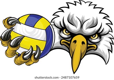 An eagle or hawk bird volleyball animal sports mascot holding a volley ball in his claw