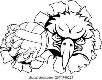 An eagle or hawk bird volleyball animal sports mascot holding a volley ball in his claw