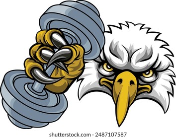 An eagle hawk bird weight lifting gym animal sports mascot holding a dumbbell in its claw