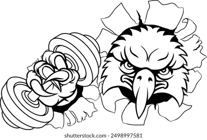 An eagle hawk bird weight lifting gym animal sports mascot holding a dumbbell in its claw