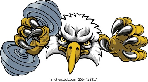 An eagle hawk bird weight lifting gym animal sports mascot holding a dumbbell in its claw