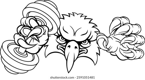 An eagle hawk bird weight lifting gym animal sports mascot holding a dumbbell in its claw