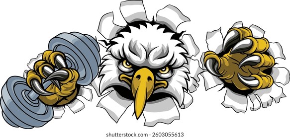 An eagle hawk bird weight lifting gym animal sports mascot holding a dumbbell in its claw
