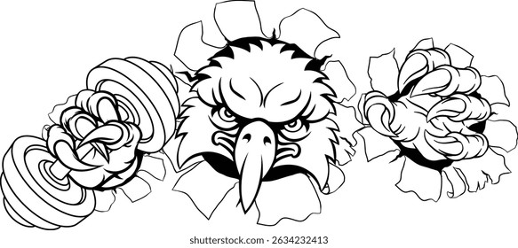 An eagle hawk bird weight lifting gym animal sports mascot holding a dumbbell in its claw