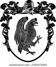 An eagle, hawk or falcon coat of arms or crest family heraldry medieval heraldic bird animal knight shield with helmet and acanthus filigree scroll ornament in a vintage woodcut style.