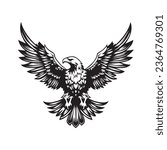 Eagle, hawk, falcon emblem with spread wings, heraldic symbol, bird, predator, wild animal, design,