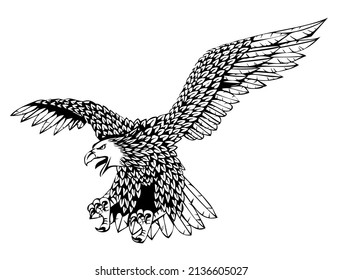 Eagle, hawk, falcon emblem with spread wings, heraldic symbol, bird, predator, wild animal, design, vector, illustration in black and white color, isolated on white background