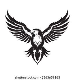 Eagle, hawk, falcon emblem with spread wings, heraldic symbol, bird, predator, wild animal, design,	
