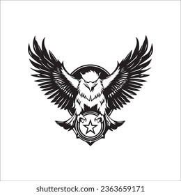 Eagle, hawk, falcon emblem with spread wings, heraldic symbol, bird, predator, wild animal, design,	
