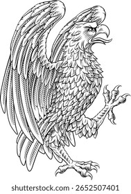 Gavião águia ou falcão heráldica brasão de armas ou família crista medieval escudo estilo heráldico animal. Em um estilo de xilogravura vintage.
