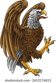 Gavião águia ou falcão heráldica brasão de armas ou família crista medieval escudo estilo heráldico animal. Em um estilo de xilogravura vintage.
