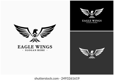 Eagle Hawk Falcon Spread Wing Fly Freedom Shield Guard Protection Vector Logo Design Illustration