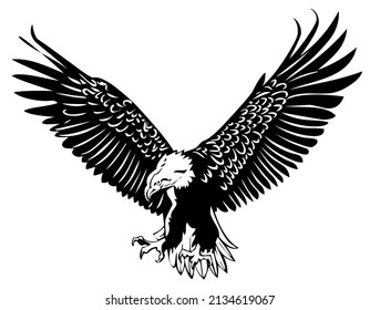 Eagle, hawk, falcon with spread wings, bird, predator, wild animal, vector, illustration in black color, isolated on white background