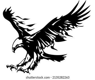 Eagle, hawk, falcon with spread wings flying, bird, predator, wild animal, vector, illustration in black and white color, isolated on white background