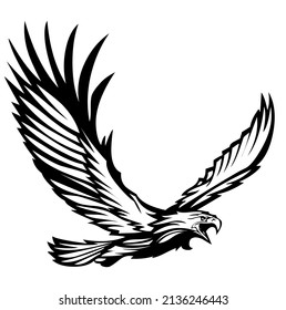 Eagle, hawk, falcon with spread wings flying, bird, predator, wild animal, vector, illustration in black and white color, isolated on white background