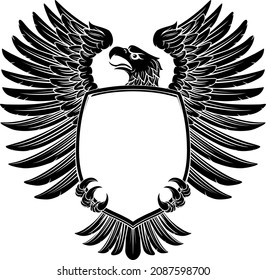 An eagle hawk or flacon shield design element in a vintage engraved woodcut style