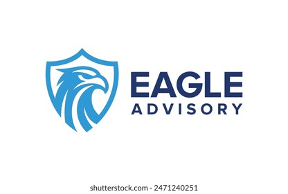 Eagle or hawk head with shield isolated on white background. Template for design mascot, label, badge, emblem or other branding. Vector illustration.
