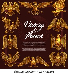 Eagle or hawk as heraldic symbol of victory and power in frame. Golden vector mascot and legendary beast or creature symbolizing strength and nobility. Mythical birds with golden plumage