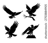 Eagle and Hawk silhouette vector set, flying bird of prey icons.