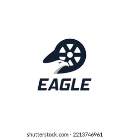 Eagle Head With Car Wheel, Tire Shop Logo Icon Sign Symbol Design. Vector Illustration