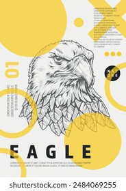 Eagle Head bunte Vintage Aufkleber mit gefährlichem Vogel auf der Suche nach Beute und geometrischen Formen Vektorillustration