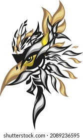 Eagle head concept in black-gray-golden tones for your design. Eagle or phoenix head, formed by elements of gold and silver leaves as a cartoon character for textiles, wallpaper, prints, posters, etc.