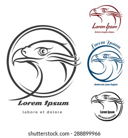 Eagle head emblem or Logo set. Monochrome signs isolated on white background. Only free font used.