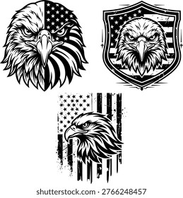 Eagle Head Emblem with Stars and Stripes Pattern in Vintage Black and White Vector Style