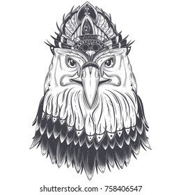 Eagle head with feather comb, art drawn vector illustration isolated on white background. Predatory bird with pagan ornament for tattoo, print