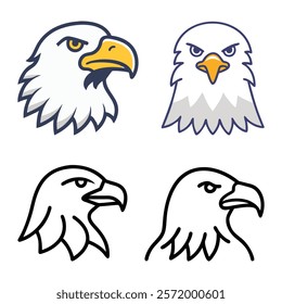 Eagle head icons in various styles, A set of eagle head illustrations in both colorful and outline styles, showcasing fierce expressions and sharp details. 
