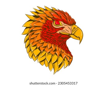 eagle head illustration. eagle cartoon. in red, orange and yellow. fire themed eagle tattoo.