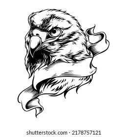 eagle head illustration with  ribbon black and white