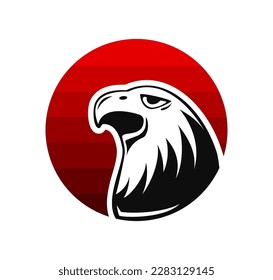 Eagle head logo design vector template negative space in multicolored red circle. Creative Wild Bird Falcon Hawk in circle Logotype concept icon