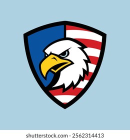 Eagle Head Logo in Shield with American Flag - Vector Art Illustration