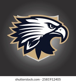 Eagle head logo, stylized and sharp, in white and dark blue on a light gold shield.