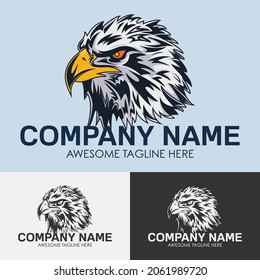 Eagle head logo template with three color variants, black, white and light blue
