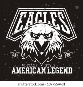 Eagle head logo for t-shirt, Hawk mascot Sport wear typography emblem graphic, athletic apparel stamp.
