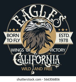 Eagle head logo for t-shirt, Hawk mascot Sport wear typography emblem graphic, athletic apparel stamp. Portrait of a bald eagle. Vector