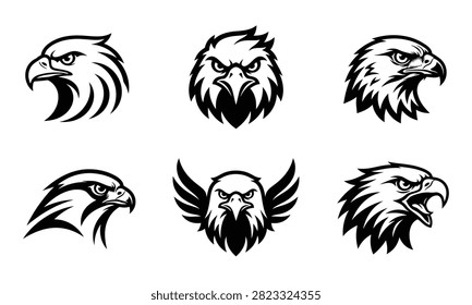Eagle head mascot icons set for sport team branding featuring powerful hawk and falcon bird profile graphics.