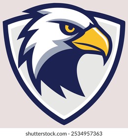 Ilustración vectorial de diseño de logotipo de Vector de mascota de cabeza de águila con escudo en blanco. Este es un archivo de Vector eps editable.