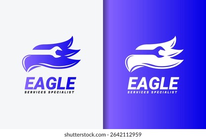 Eagle head merged with wrench in bold modern logo design. Services vector logo illustration.
