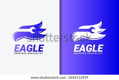 Eagle head merged with wrench in bold modern logo design. Services vector logo illustration.