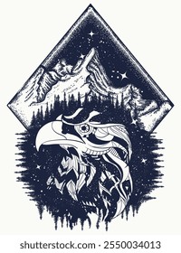 Eagle head and mountains. Outdoors art. Esoteric symbol of tourism, wildlife, adventure and travel. Tattoo and t-shirt design