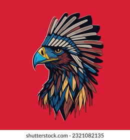 An eagle head in Native American clothing