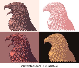 Eagle head in profile. Design set. Art detailed editable illustration. Vector vintage engraving. Isolated on different backgrounds. 8 EPS