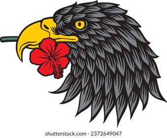 Eagle Head in Profile with Hibiscus Flower in its Beak. Vector Illustration.