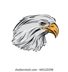 Eagle head in profile with proud gaze of yellow eyes on white background isolated vector illustration